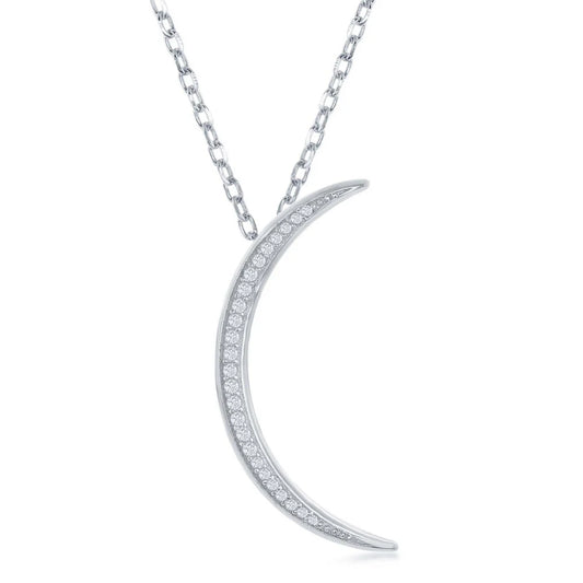 Sterling Silver Thin CZ Crescent Moon Pendant