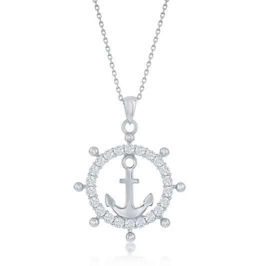 Sterling Silver CZ Anchor Ship Wheel Pendant